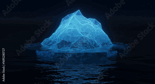 Digital iceberg floating in dark water with stars reflecting in the ripples