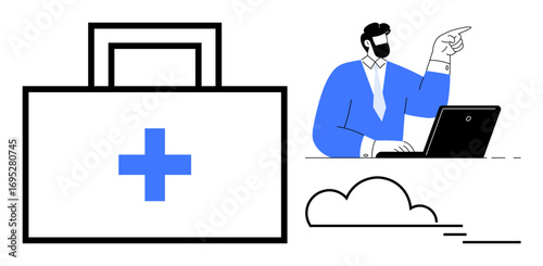 Large medical bag with cross beside a person pointing while working on a laptop. Ideal for healthcare, telemedicine, online consultation, remote work, technology, innovation, simple flat metaphor