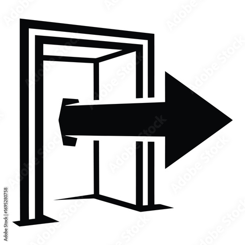 Art of arrow pointing through a doorway isolated on white background, symbolizing exit, direction, and navigation in a simple, graphic design