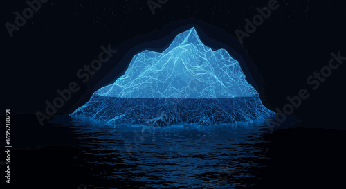 Luminous iceberg floating in dark ocean waters, with illuminated polygon mesh structure