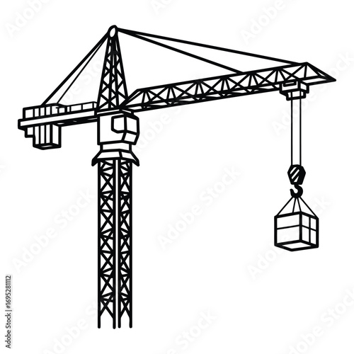 Art of black and white line art of a construction crane lifting a container isolated on white background