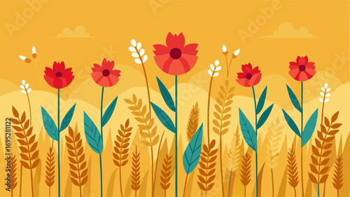 A small group of wildflowers adding a pop of color to a sea of golden wheat creating a whimsical and charming scene.