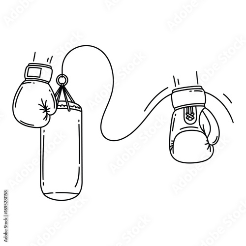 Art of boxing gloves and punching bag isolated on white background, a symbol of sport, fitness, training, and exercise for a healthy lifestyle