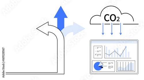 Rising arrow, CO2 cloud, and analytics dashboard with graphs represent emissions monitoring, environmental insights, and data-driven decision-making. Ideal for sustainability, technology, business