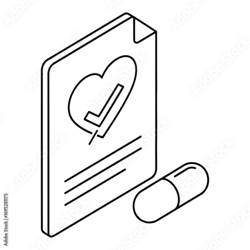 Art of medical health care document with heart and check mark, alongside a pill isolated on white background, representing treatment and wellness