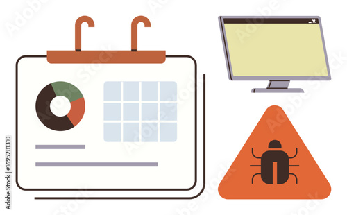 Calendar with data chart and dates, computer monitor, and triangle warning sign with bug icon. Ideal for project planning, time tracking, bug fixing, workflow, analytics warnings teamwork. Simple