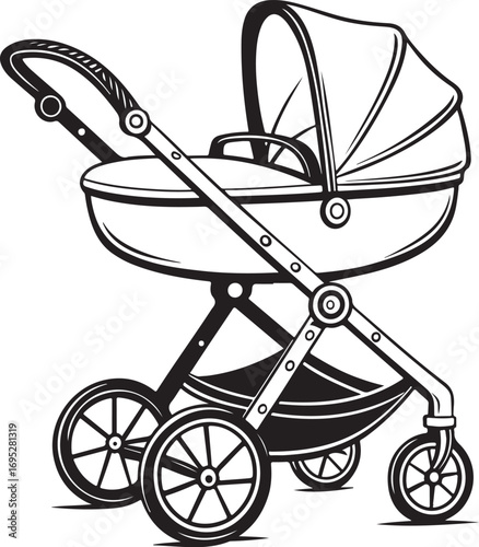 Baby Stroller Vector Illustration, Sketch Drawing Line Linear Symbol Icon Engraving Coloring Book, Hand-drawn Doodle Black and White Isolated