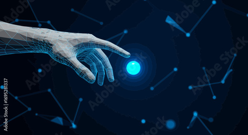 Digital Hand Reaching for a Glowing Orb in a Connected Network Concept