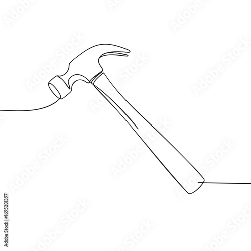 A stylish, continuous one-line drawing beautifully illustrates a classic claw hammer, symbolizing construction, repair, and DIY craftsmanship with elegant simplicity.