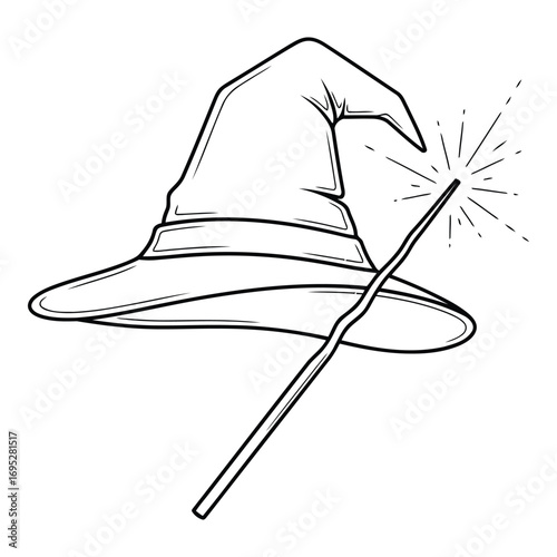Art of a black and white drawing of a wizard hat and wand casting a spell isolated on white background