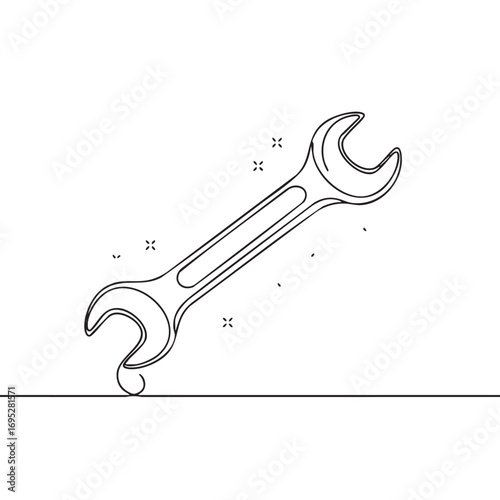 This elegant continuous line drawing showcases a classic wrench, representing essential tools, repair, and engineering solutions with a minimalist aesthetic.
