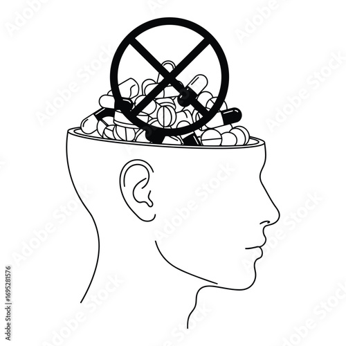 Art of brain with pills and prohibition sign isolated on white background representing drug addiction and mental health awareness with a negative concept