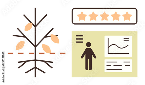 Bare tree with falling leaves alongside performance dashboard showing metrics, line graph, figure, and rating stars. Ideal for business progress, evaluation, productivity, sustainability, goal