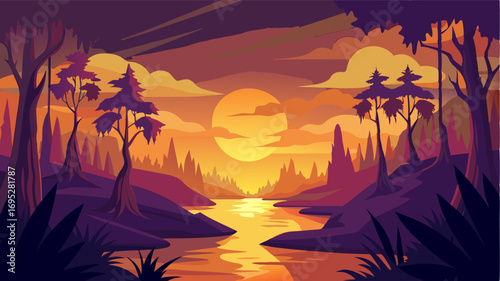 As the sun sets the bayou takes on a golden glow creating a serene and mystical ambiance.