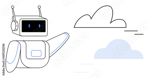 Robot gesturing toward illustrated clouds, representing data sharing, artificial intelligence, and cloud computing. Ideal for technology, innovation, AI, automation, networking cloud storage simple