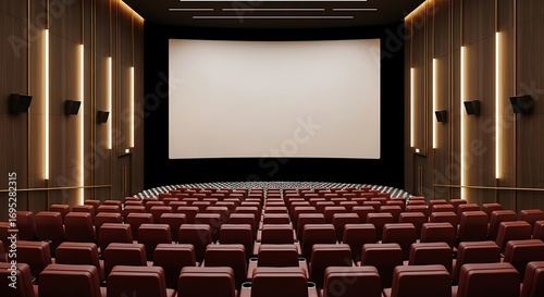 Empty cinema theater rows with large screen ready for movie presentation