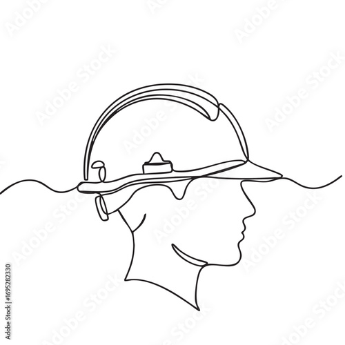 A minimalist continuous line drawing depicts a person's profile wearing a protective hard hat, with a wavy line suggesting the individual is submerged or overwhelmed.