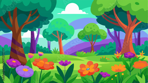 A woodland clearing with lush green grass and vibrant orange and purple flowers blooming a the trees.