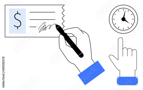 Hand signing a financial check with pen, clock indicating time, and raised finger pointing upward. Ideal for finance, payments, deadlines, transactions, contracts, efficiency simple flat metaphor