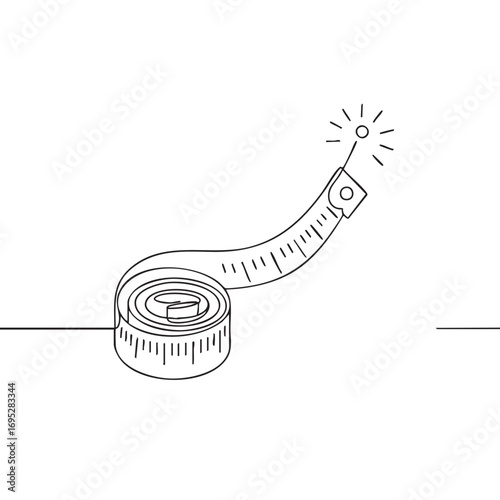 A sleek, continuous line art drawing depicts a flexible tailor's measuring tape, unrolling and highlighting its precise end, symbolizing accuracy and progress.