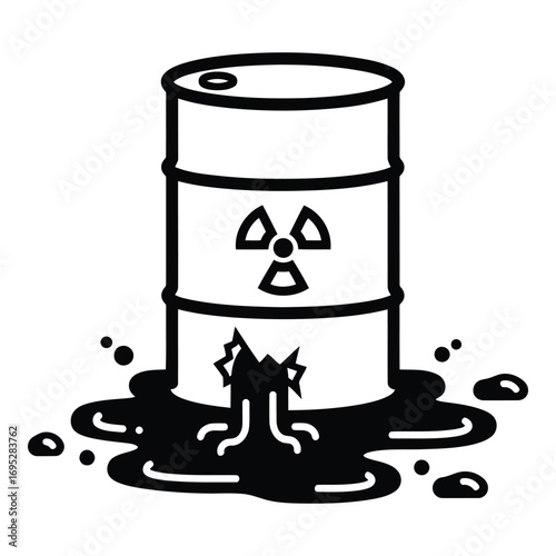 Art of radioactive waste barrel leaking isolated on white background, presenting a significant environmental hazard and potential health risk