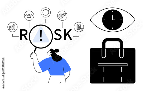 Woman examines risk concept with connections to people, process, chart, clock, checklist, and bag. Ideal for business, analysis, decision-making project management security assessment strategy