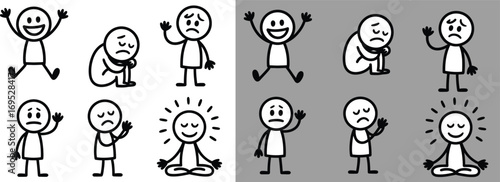 Stick Figure kids Emotion Icons Joy, Sadness, Meditation, and Positivity in Monochrome Panels