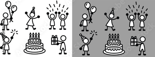 Stick Figure kids  Birthday Party Icons Balloons, Cake, Gifts, and Celebration Vector Set