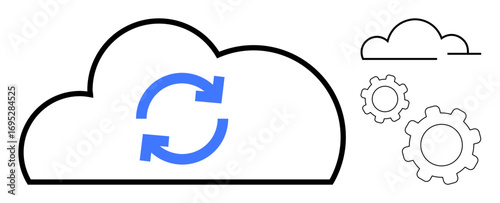 Large cloud with blue synchronization arrows, smaller cloud sketches, and gear icons representing integration. Ideal for cloud computing, data storage, updates, automation, innovation, connectivity