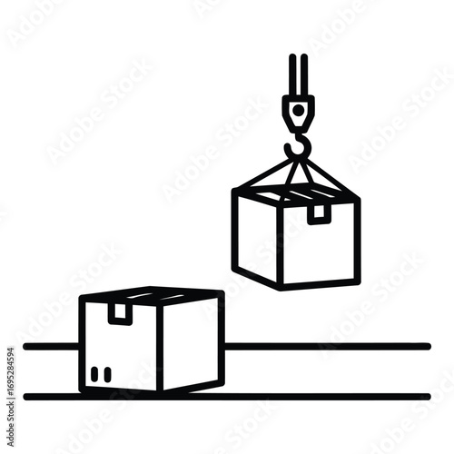 Art of outline of a crane lifting a box and placing it on a conveyor belt isolated on white background
