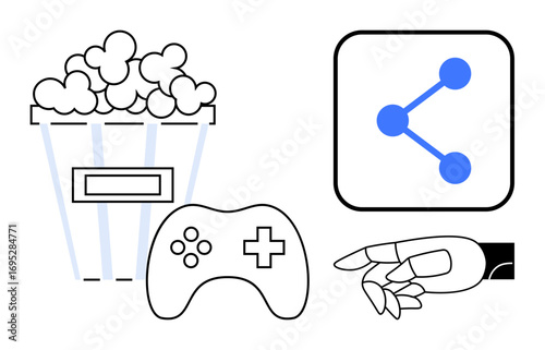 Popcorn item, game controller, robotic hand, and sharing graphic highlight entertainment, gaming, technology, and connectivity. Ideal for tech blogs, media use design concepts gaming platforms