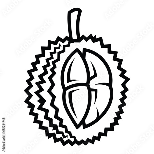 Art of black and white durian fruit outline isolated on white background, a tropical and exotic fruit known for its unique taste and aroma