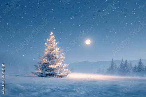captivating christmas landscape unfolds beneath starry sky featuring lone christmas tree adorned with shimmering