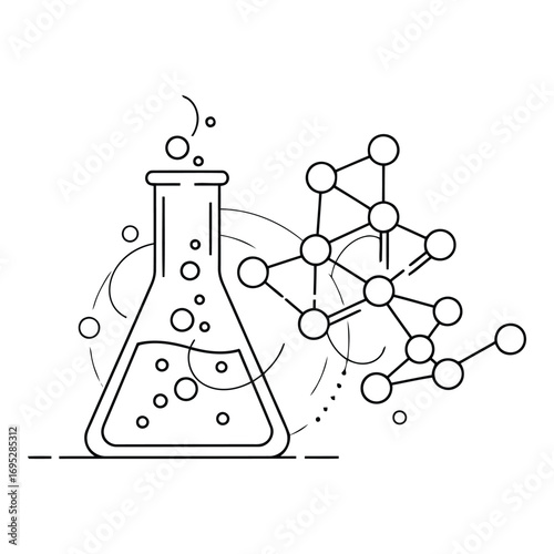 Art of abstract scientific concept with a chemical flask and molecular structure, isolated on white background