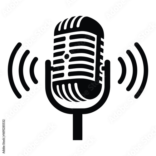 Art of vintage microphone with sound waves, isolated on white background