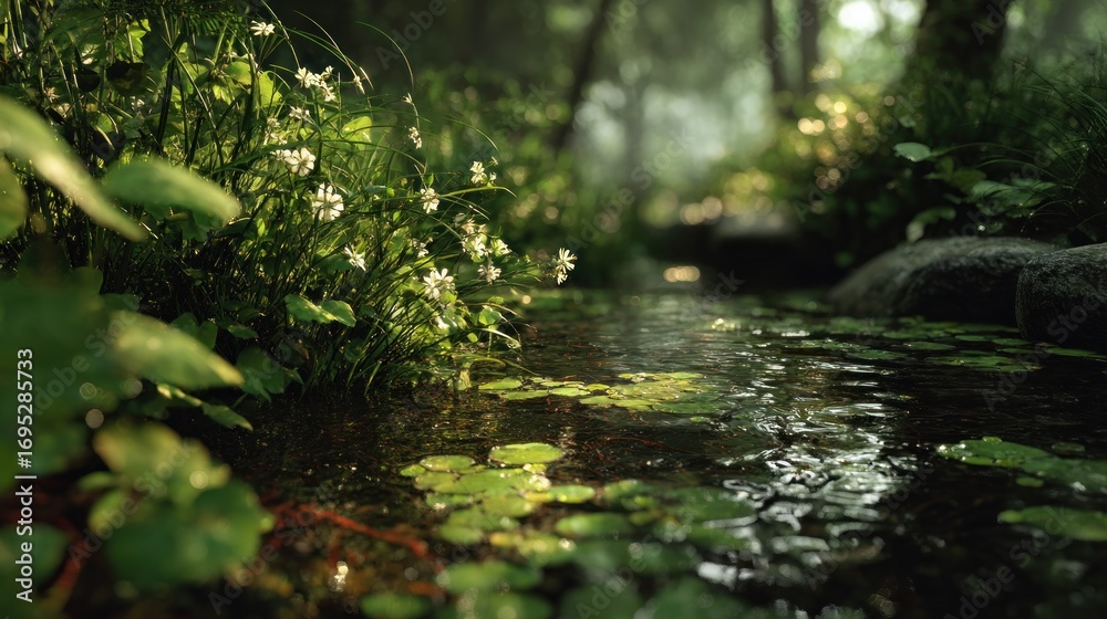 Naklejka premium Ethereal woodland stream with delicate blossoms and serene water flow