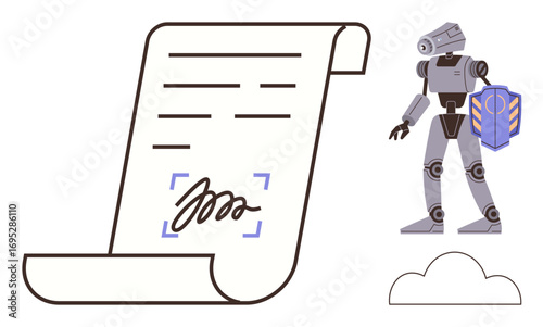 Signed contract roll with digital signature alongside a futuristic robot holding a blockchain shield. Ideal for cybersecurity, blockchain, automation, legal tech, digital contracts, innovation