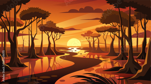 As the sun sets over the mangrove forest the silhouettes of the trees cast long shadows across the still waters and mudflats.