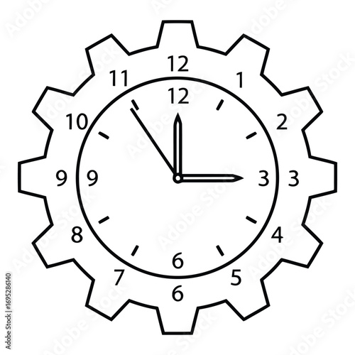 Art of a simple outline drawing of a clock face integrated into a gear, isolated on a white background, symbolizing time and mechanics