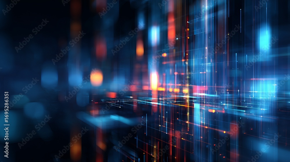 Obraz premium Dynamic abstract digital data streams flow through glowing futuristic cityscape with vibrant neon lights and network connections