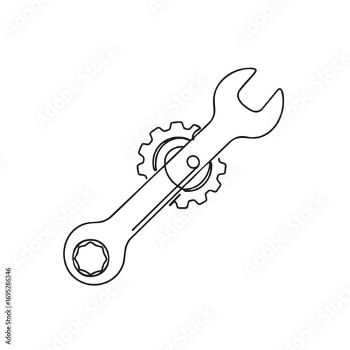 A simple line art illustration depicting a wrench and a gear, symbolizing mechanical work, repair, and technical support on a clean white background.