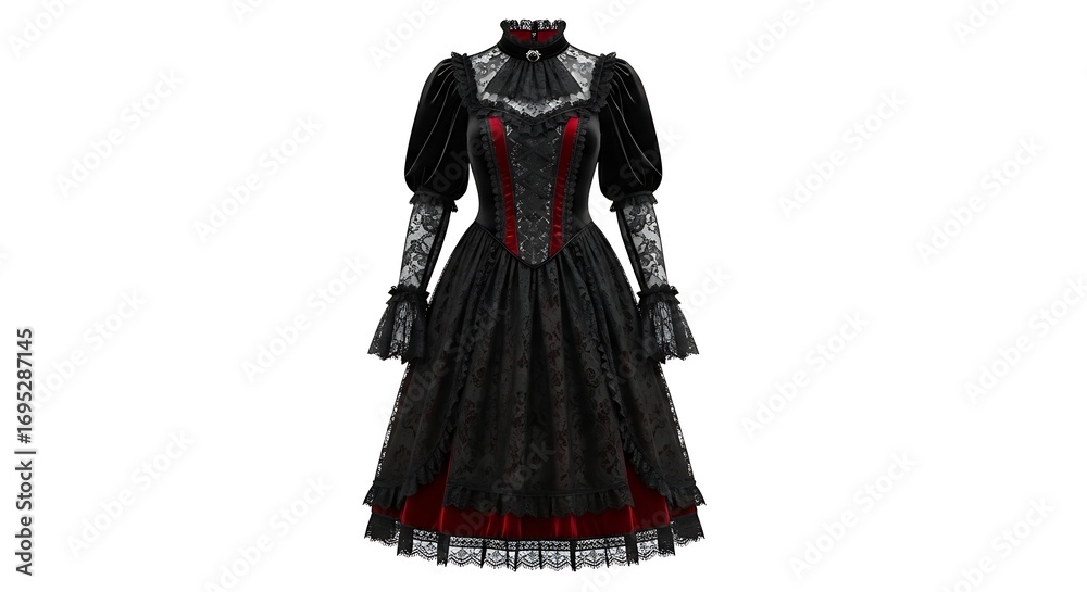 Obraz premium Elegant black gothic dress with lace details, velvet accents, long sleeves, and a high collar, displayed on a white background.