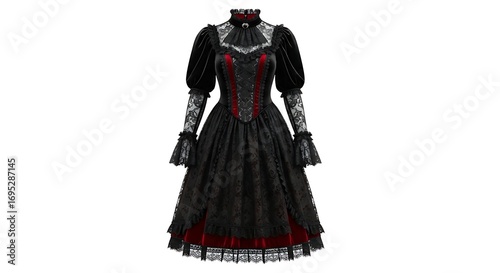 Elegant black gothic dress with lace details, velvet accents, long sleeves, and a high collar, displayed on a white background.