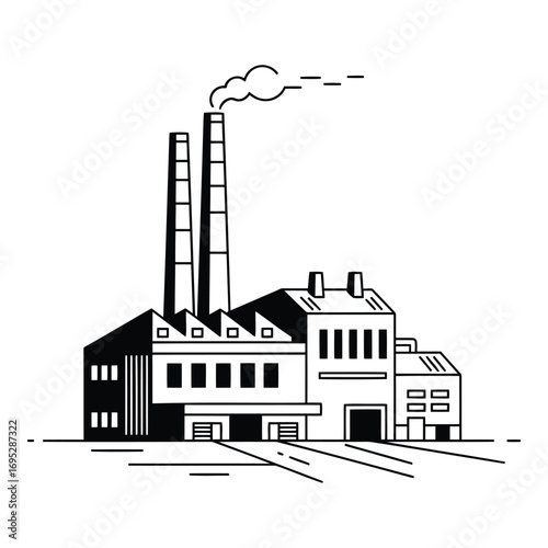 Art of modern factory building with tall chimneys emitting smoke, representing industrial production and manufacturing, isolated on white background