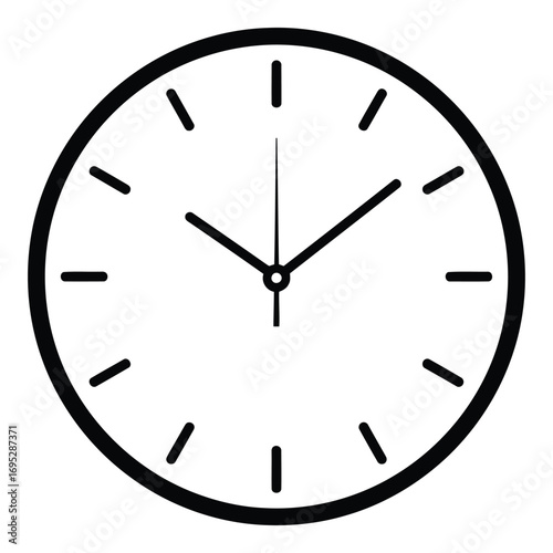 Art of simple black and white analog clock face with hour and minute hands, isolated on white background