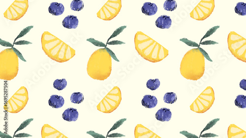 Seamless repeat pattern with hand-painted watercolor lemons and blueberries on light background. Fresh and fruity design for fabric, packaging, and summer themes.