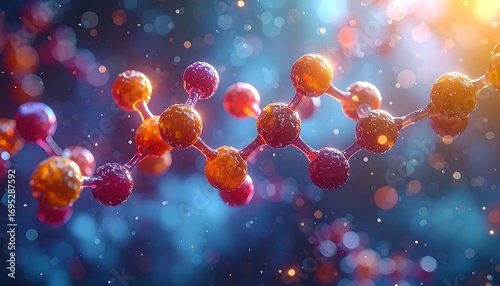 Molecular structure illustration, vibrant colors, bokeh effect