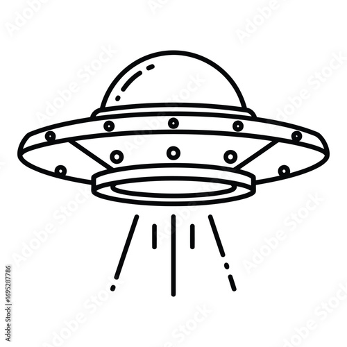 Art of a simple line drawing of a classic flying saucer ufo with a beam of light emanating from its underside, isolated on a white background