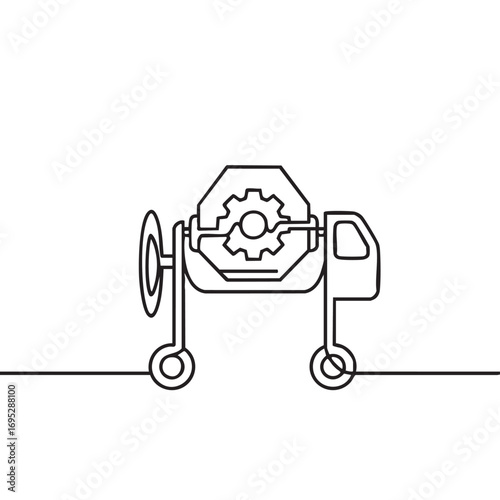 A minimalist continuous line drawing depicts a portable concrete mixer, an essential piece of equipment for construction and building projects, on a clean white background.