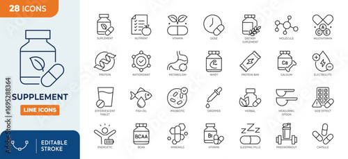 Supplement line editable icon set. Containing vitamin, nutritional Supplements, capsule, protein, minerals, herbal, probiotic, antioxidant and more. Editable stroke. Vector illustration